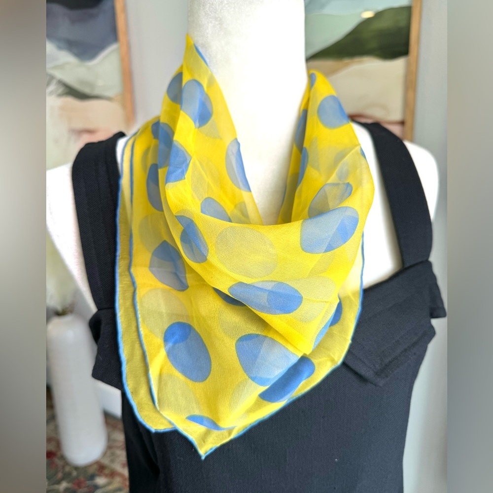 Sally Gee Silk Yellow Blue Polka Dot Scarf